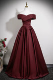 Burgundy Satin Long Prom Dress, A-Line Off the Shoulder Party Dress HZ0429