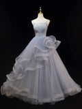 Beautiful Gray Cascading Ruffles Pearl Prom Dress, A-line Spaghetti Straps Sleeveless Backless Formal Dress HZ0429