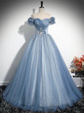 Blue Tulle Long Prom Dress, Lovely A-Line Off the Shoulder Party Dress HZ0429