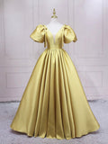 Yellow V-neck Satin Long Prom Dress, Elegant Short Sleeve Evening Party Dress HZ0429