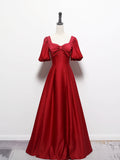 Lovely Satin Pearl Long Prom Dress, A-Line Short Sleeve Evening Party Dress HZ0429