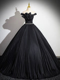 Black Pleated Long A-line Party Gown with Rhinestone Sash, Elegant Off the Shoulder Formal Evening Dress HZ0429