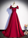 Burgundy Satin Strapless Prom Dress, Simple A-Line Party Dress with Detachable Sleeve HZ0429