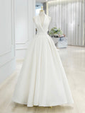 White V-Neck Satin Long Prom Dress, Elegant A-Line Formal Party Dress HZ0429