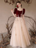 Burgundy Velvet and Tulle Long Prom Dress, Elegant A-Line Short Sleeve Evening Dress HZ0429
