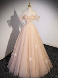 Light Pink Tulle Floor Length Prom Dress, Beautiful Off the Shoulder Evening Party Dress HZ0429