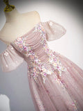 Pink Tulle Lace Long Prom Dress with Beaded, A-Line Off the Shoulder Evening Party Dress HZ0429