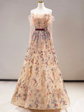 Champagne Tulle Lace Long Prom Dress, Beautiful A-Line Evening Party Dress HZ0429