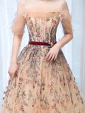 Champagne Tulle Lace Long Prom Dress, Beautiful A-Line Evening Party Dress HZ0429