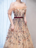 Champagne Tulle Lace Long Prom Dress, Beautiful A-Line Evening Party Dress HZ0429