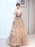 Champagne Tulle Lace Long Prom Dress, Beautiful A-Line Evening Party Dress HZ0429