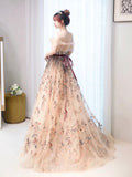 Champagne Tulle Lace Long Prom Dress, Beautiful A-Line Evening Party Dress HZ0429