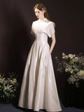 White Satin Long Prom Dress, Beautiful Short Sleeve Graduation Party Dress HZ0429