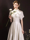 White Satin Long Prom Dress, Beautiful Short Sleeve Graduation Party Dress HZ0429