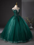 Dark Green Tulle Sequins Long Formal Dress, Retro Off the Shoulder Evening Party Dress HZ0429