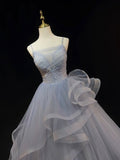 Beautiful Gray Cascading Ruffles Pearl Prom Dress, A-line Spaghetti Straps Sleeveless Backless Formal Dress HZ0429