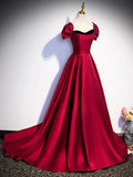 Burgundy Satin Strapless Prom Dress, Simple A-Line Party Dress with Detachable Sleeve HZ0429