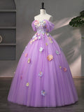 Purple Tulle Lace Long Prom Dress, Beautiful Off the Shoulder Formal Evening Dress HZ0429