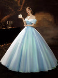 A-Line Blue Princess Dress, Off the Shoulder Organza Butterfly Formal Dress HZ0429