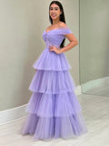 Purple Tulle Floor Length A-Line Prom Dress, Off the Shoulder Evening Party Dress HZ0429