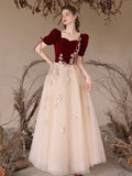 Burgundy Velvet and Tulle Long Prom Dress, Elegant A-Line Short Sleeve Evening Dress HZ0429