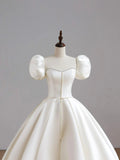 White Satin Long Formal Wedding Dress, Elegant Short Sleeve Evening Dress HZ0429