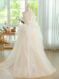 Light Champagne Spaghetti Strap Tulle Long Prom Dress, Beautiful A-Line Formal Evening Dress HZ0429