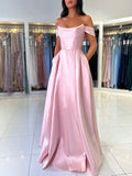 A-Line Satin Long Prom Dress, Simple Off the Shoulder Evening Party Dress HZ0429