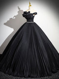 Black Pleated Long A-line Party Gown with Rhinestone Sash, Elegant Off the Shoulder Formal Evening Dress HZ0429