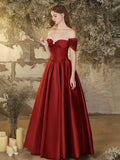 Burgundy Satin Beaded Floor Length Prom Dress, Off the Shoulder Evening Party Dress HZ0429