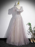 A-Line Tulle Sequins Floor Length Prom Dress, Beautiful Short Sleeve Party Dress HZ0429