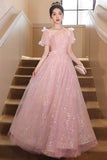 Beautiful Tulle Flowers Floor Length Prom Dress, Pink/White A-Line Evening Party Dress HZ0429