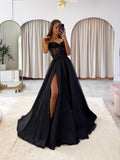 Black Chiffon Lace Long Prom Dress, Black Spaghetti Strap A-Line Evening Dress with Slit HZ0429