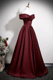 Burgundy Satin Long Prom Dress, A-Line Off the Shoulder Party Dress HZ0429