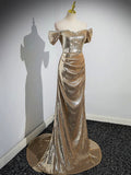 Gold  Sequins Floor Length Prom Dress, Mermaid Off the Shoulder Evening Party Dress HZ0429