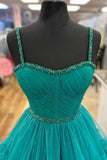 A-Line Tiered Ruffle Sweetheart Beaded Long Prom Dress, Turquoise Evening Party Dress HZ0429