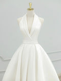 White V-Neck Satin Long Prom Dress, Elegant A-Line Formal Party Dress HZ0429