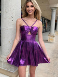 A Line Spaghetti Straps Keyhole Pleated Purple Knee Length Prom Dresses HZ0429