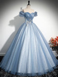 Blue Tulle Long Prom Dress, Lovely A-Line Off the Shoulder Party Dress HZ0429