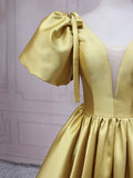 Yellow V-neck Satin Long Prom Dress, Elegant Short Sleeve Evening Party Dress HZ0429