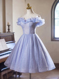 Lilac Tulle Knee Length Prom Dress, Lovely A-Line Off the Shoulder Evening Party Dress HZ0429
