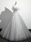 A-Line Off the Shoulder Sparkly Prom Dress, Gray Tulle Corset Floor Length Evening Dress HZ0429