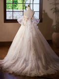 A-Line Tulle Floral Floor Length Prom Dress, Off the Shoulder Formal Party Dress HZ0429