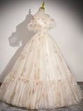 Champagne Floral Tulle Long Prom Dress, Beautiful Short Sleeve A-Line Evening Party Dress HZ0429
