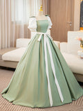 White and Green Satin Long Prom Dress, A-Line Short Sleeve Evening Party Dress HZ0429