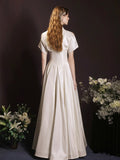 White Satin Long Prom Dress, Beautiful Short Sleeve Graduation Party Dress HZ0429