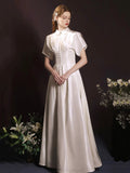 White Satin Long Prom Dress, Beautiful Short Sleeve Graduation Party Dress HZ0429