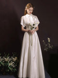 White Satin Long Prom Dress, Beautiful Short Sleeve Graduation Party Dress HZ0429