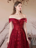 Burgundy Tulle Sequins Floor Length Prom Dress, Off the Shoulder Evening Party Dress HZ0429