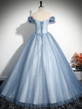 Blue Tulle Long Prom Dress, Lovely A-Line Off the Shoulder Party Dress HZ0429
